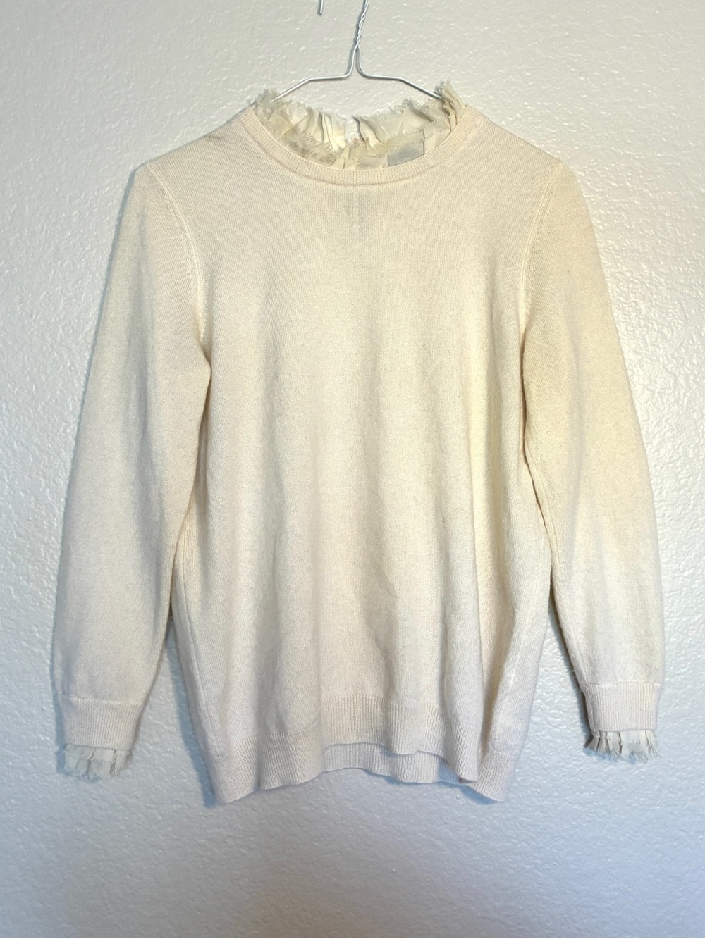 Christopher Fisher 100% Cashmere Silk Cream Ruffle Sweater Preppy Old Money